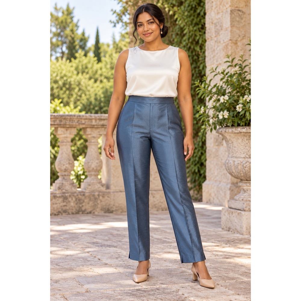 Silkland Women's Blue Silk Satin Pleated Dress Pants Pockets 14 28" Inseam